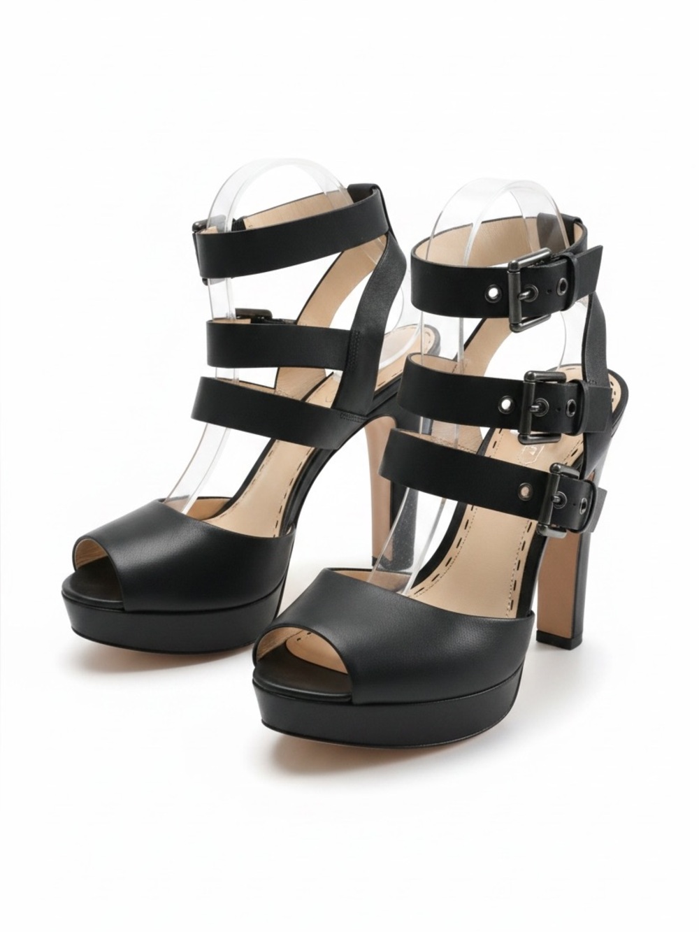Coach Burnished Bliss Black Leather Strappy Buckle Platform Sandals Heels 9